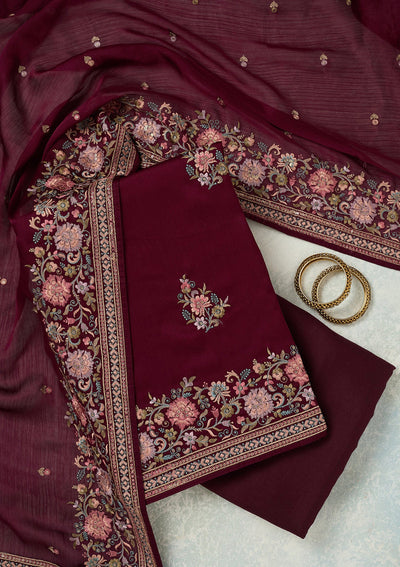 Wine Kashmiri Chinon Unstitched Salwar Suit-koskii