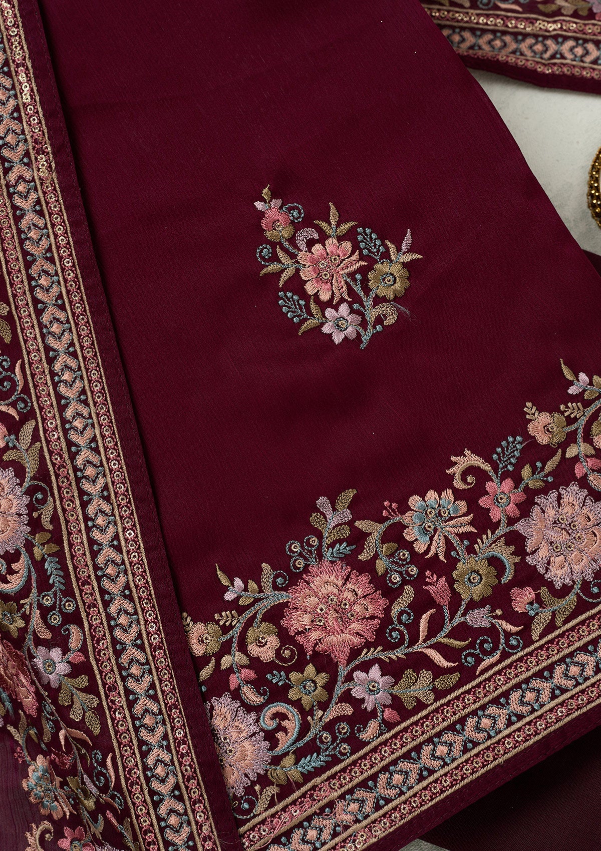 Wine Kashmiri Chinon Unstitched Salwar Suit-koskii