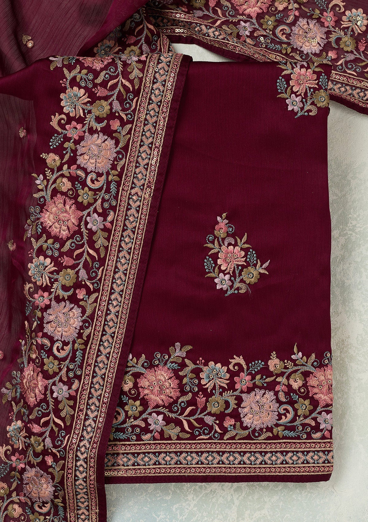 Wine Kashmiri Chinon Unstitched Salwar Suit-koskii