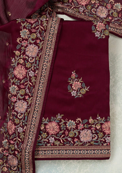 Wine Kashmiri Chinon Unstitched Salwar Suit-koskii