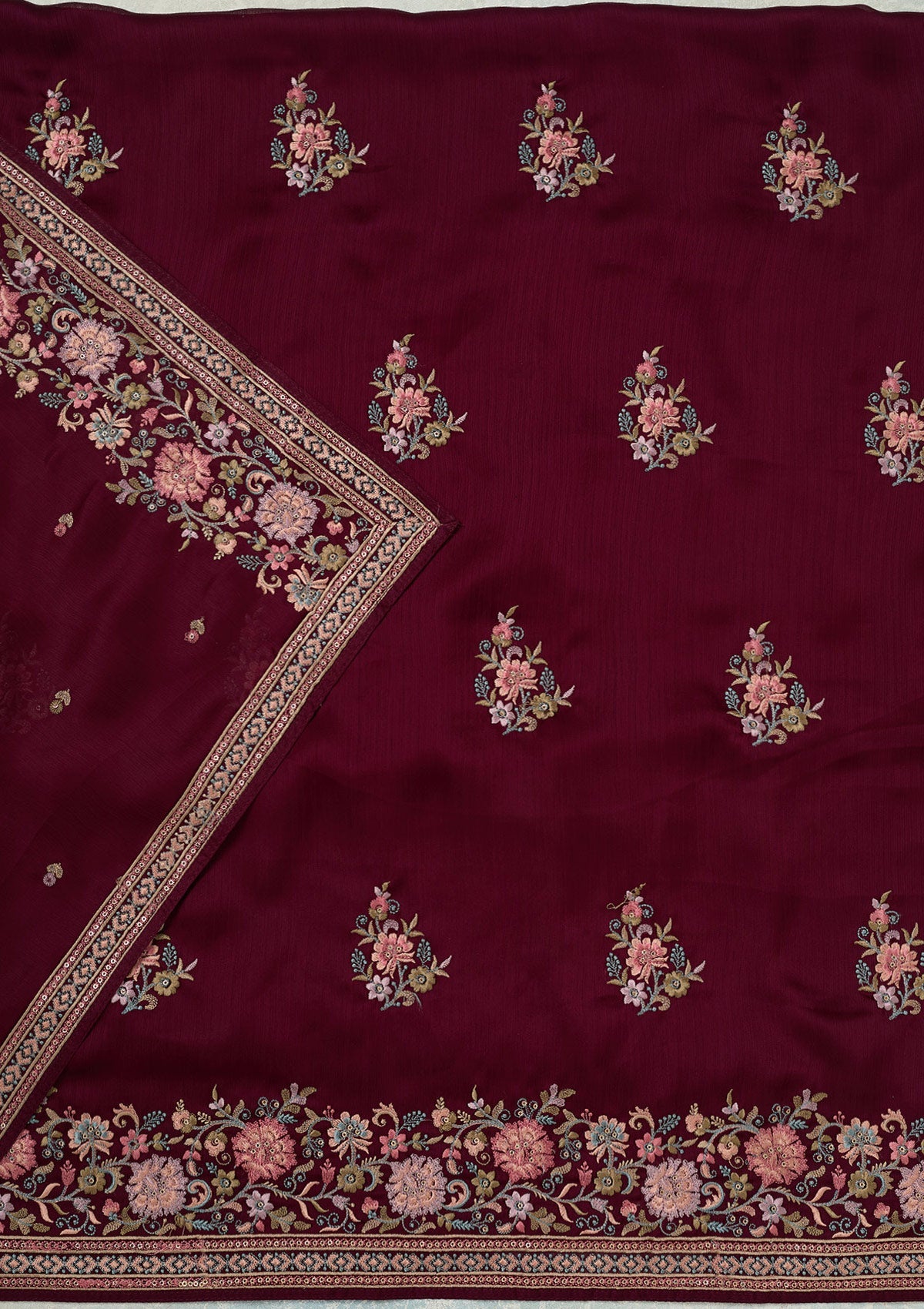 Wine Kashmiri Chinon Unstitched Salwar Suit-koskii