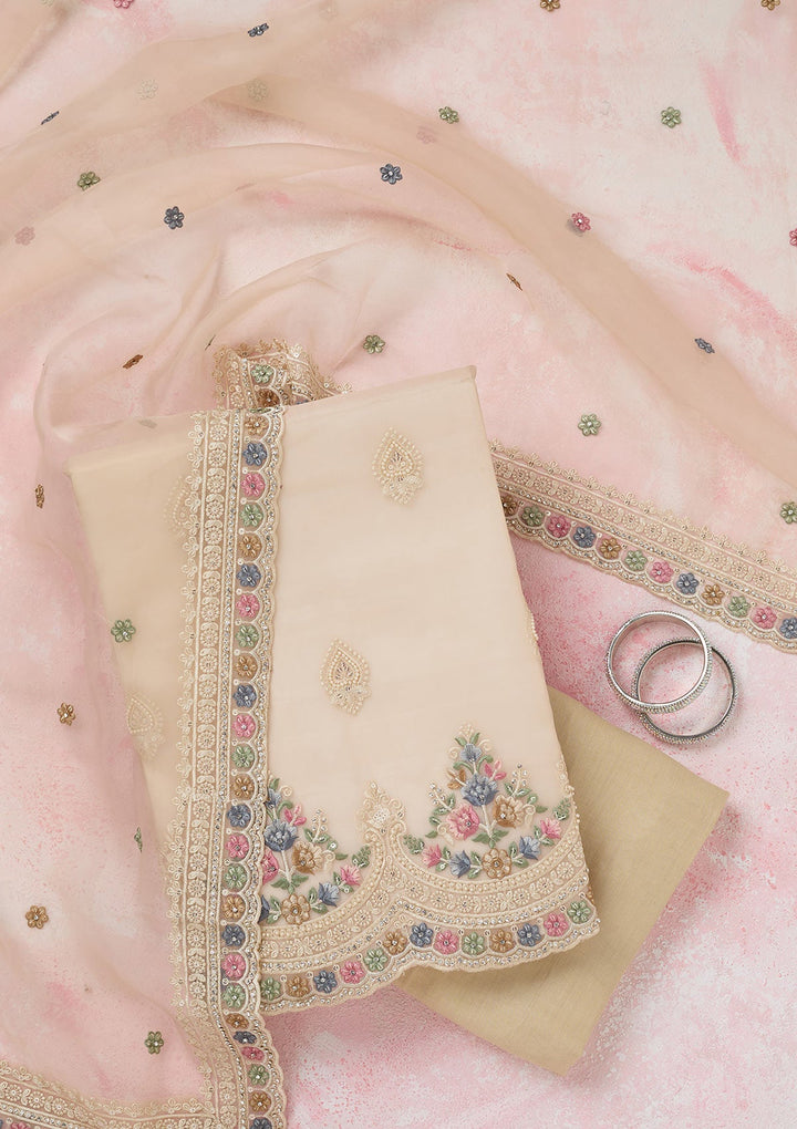 Beige Threadwork Semi Crepe Unstitched Salwar Suit-koskii