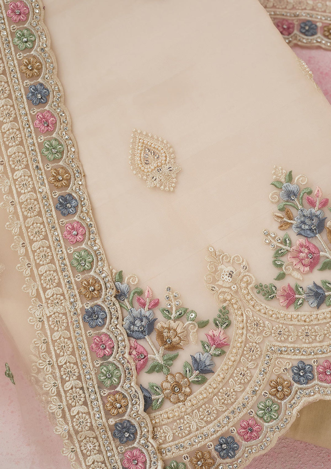 Beige Threadwork Semi Crepe Unstitched Salwar Suit-koskii