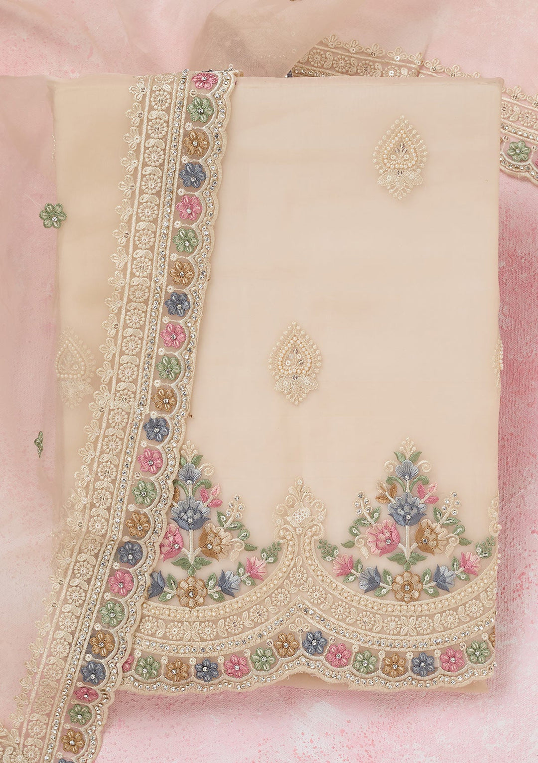 Beige Threadwork Semi Crepe Unstitched Salwar Suit-koskii