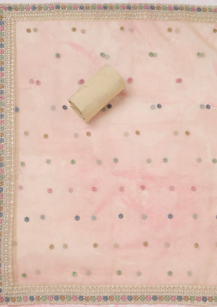 Beige Threadwork Semi Crepe Unstitched Salwar Suit-koskii