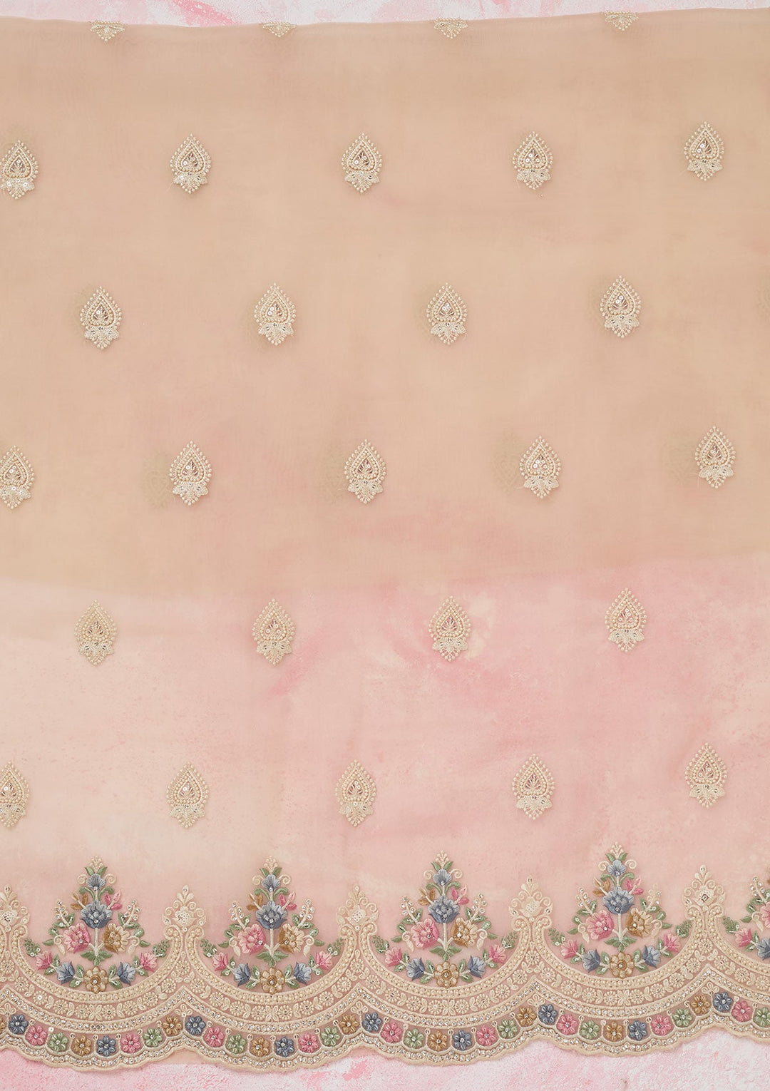 Beige Threadwork Semi Crepe Unstitched Salwar Suit-koskii