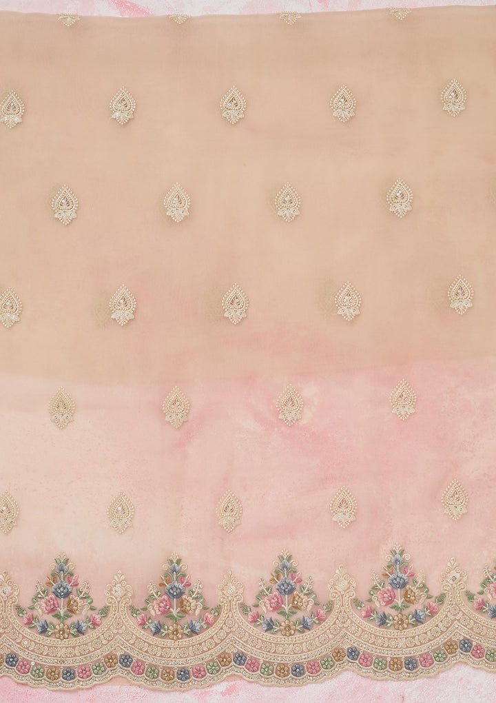 Beige Threadwork Semi Crepe Unstitched Salwar Suit-koskii