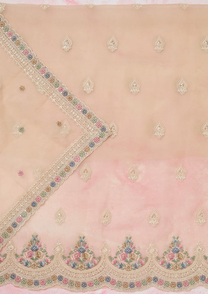 Beige Threadwork Semi Crepe Unstitched Salwar Suit-koskii