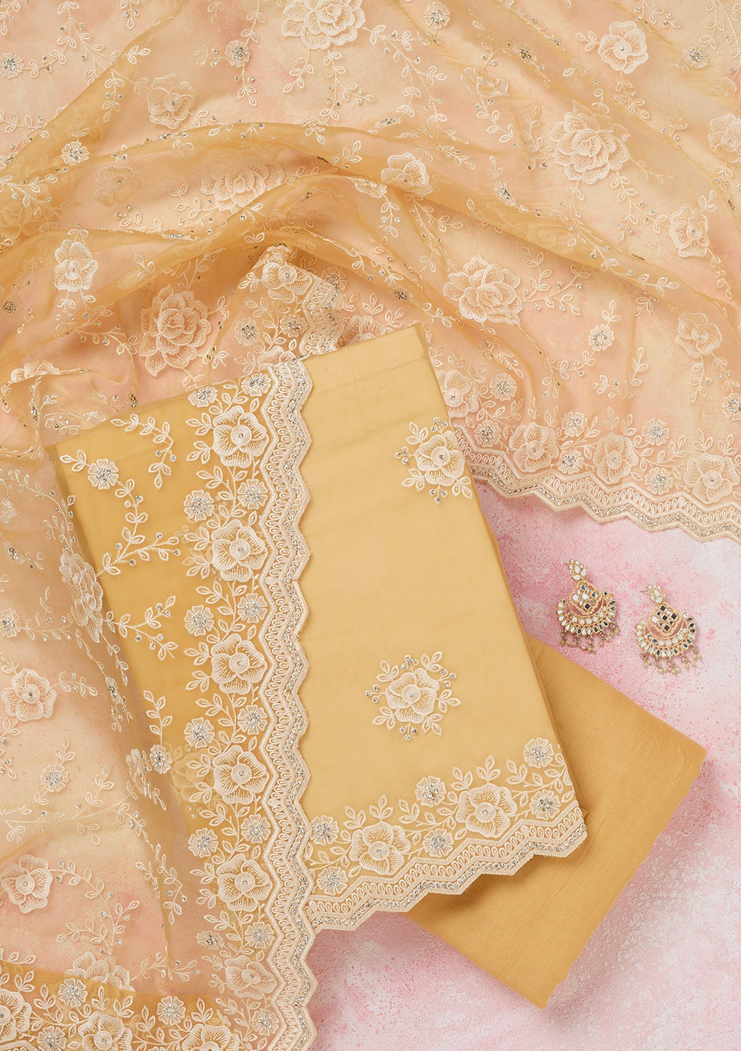 Yellow Threadwork Semi Crepe Unstitched Salwar Suit-koskii