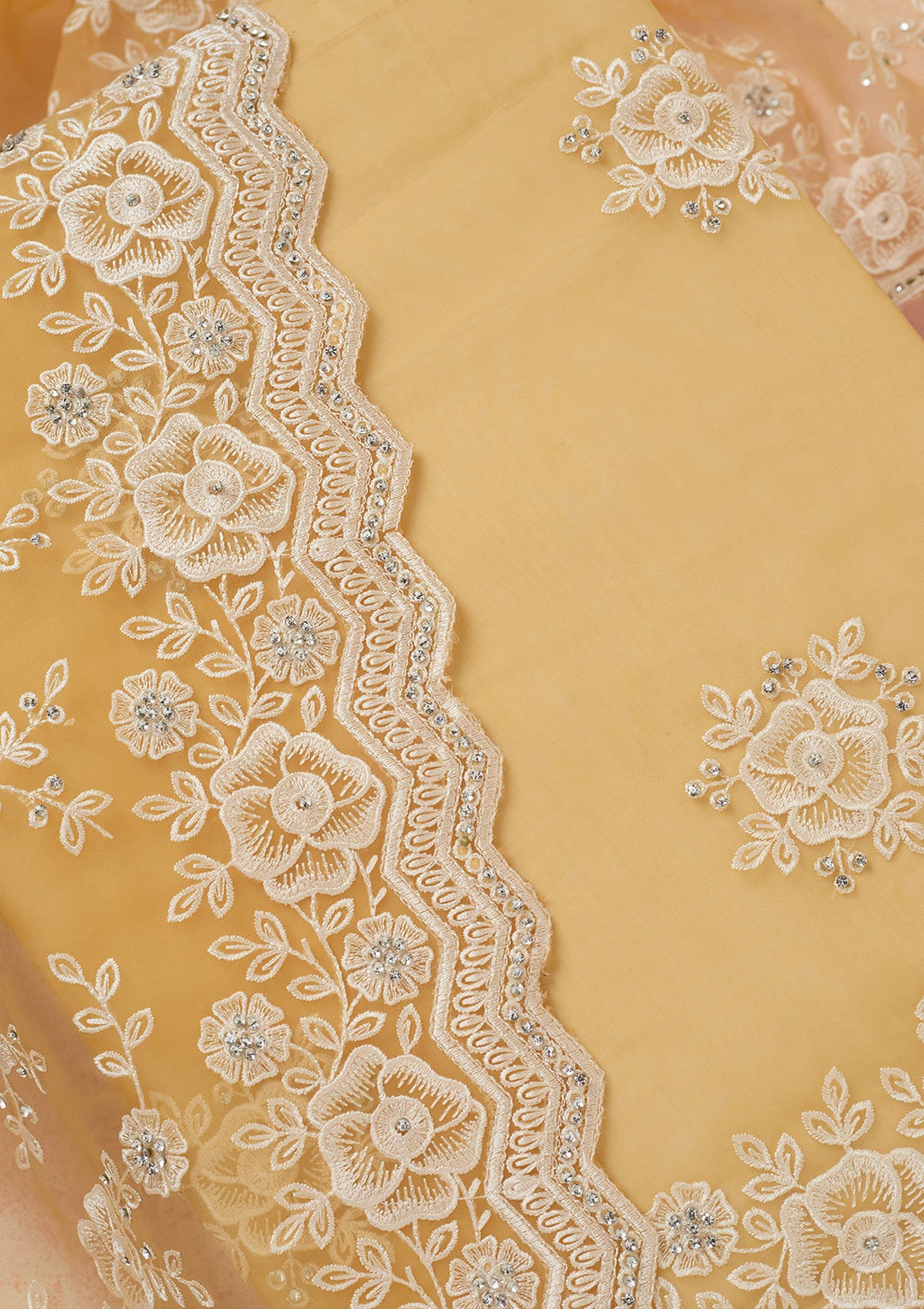 Yellow Threadwork Semi Crepe Unstitched Salwar Suit-koskii