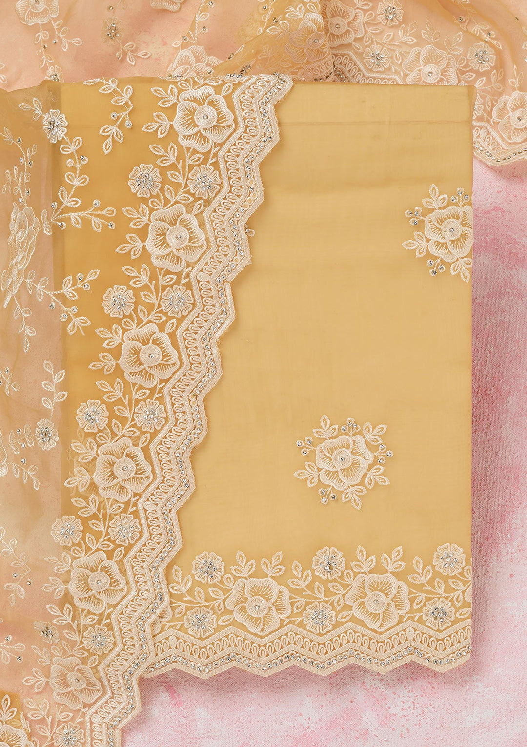 Yellow Threadwork Semi Crepe Unstitched Salwar Suit-koskii