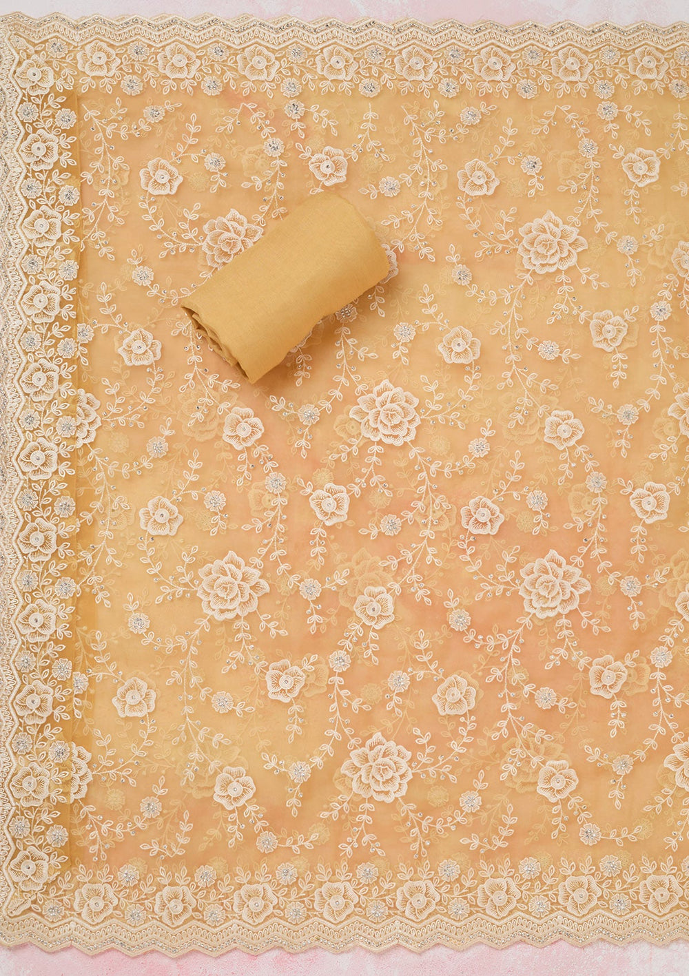 Yellow Threadwork Semi Crepe Unstitched Salwar Suit-koskii