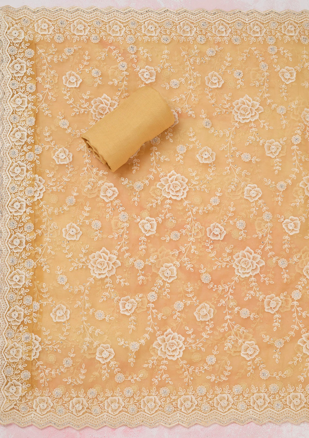 Yellow Threadwork Semi Crepe Unstitched Salwar Suit-koskii