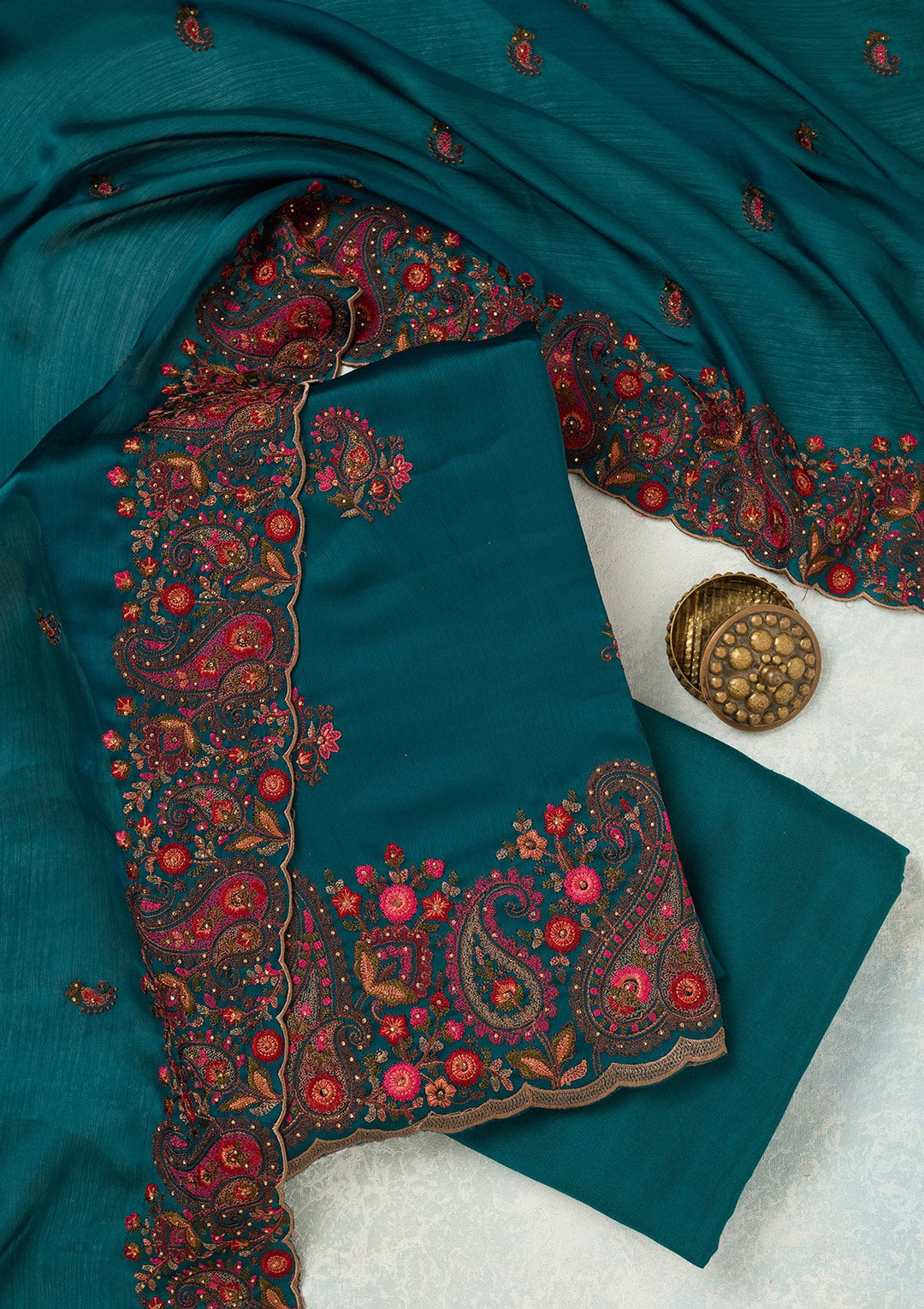 Peacock Blue Kashmiri Semi Crepe Unstitched Salwar Suit-koskii