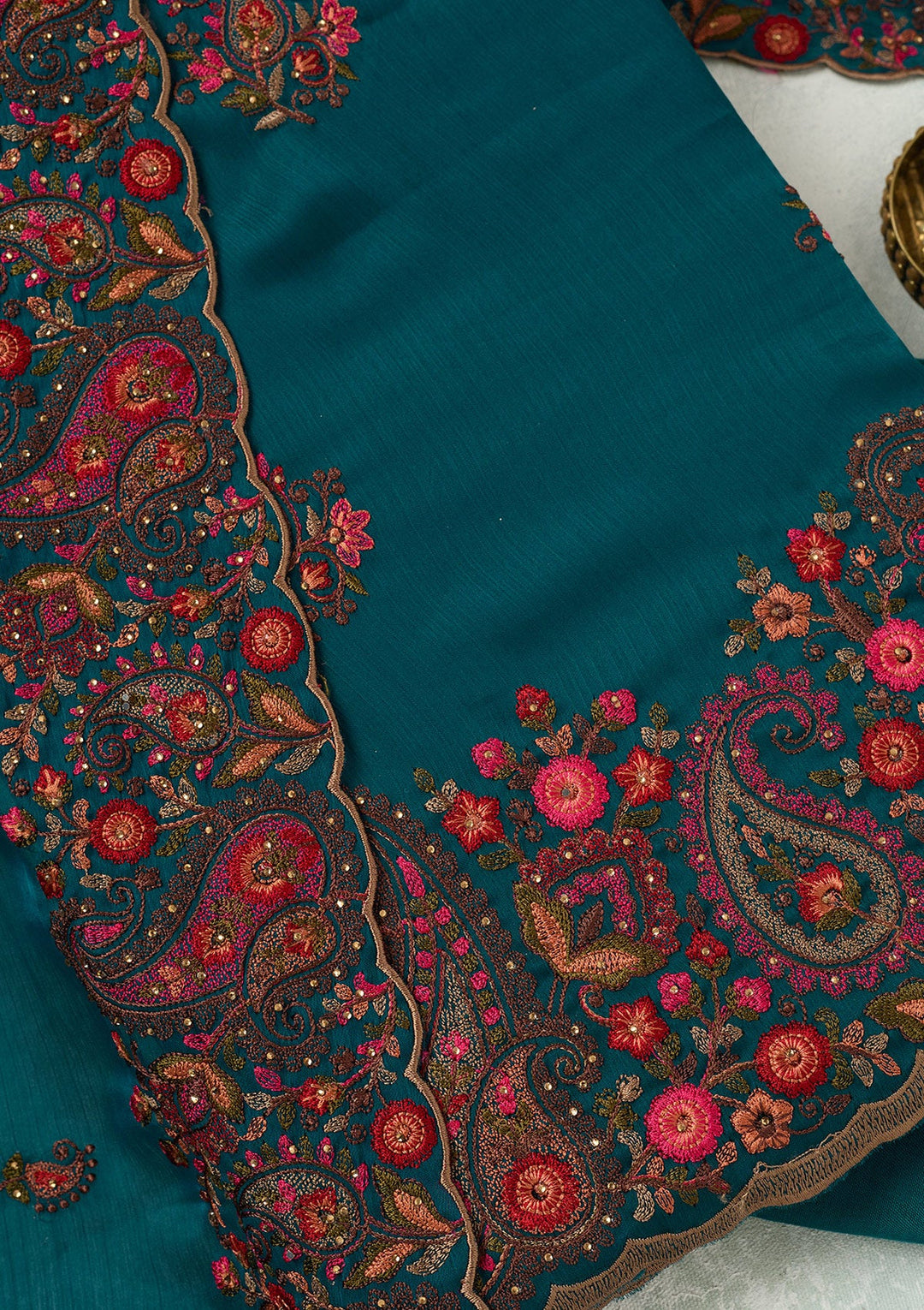 Peacock Blue Kashmiri Semi Crepe Unstitched Salwar Suit-koskii