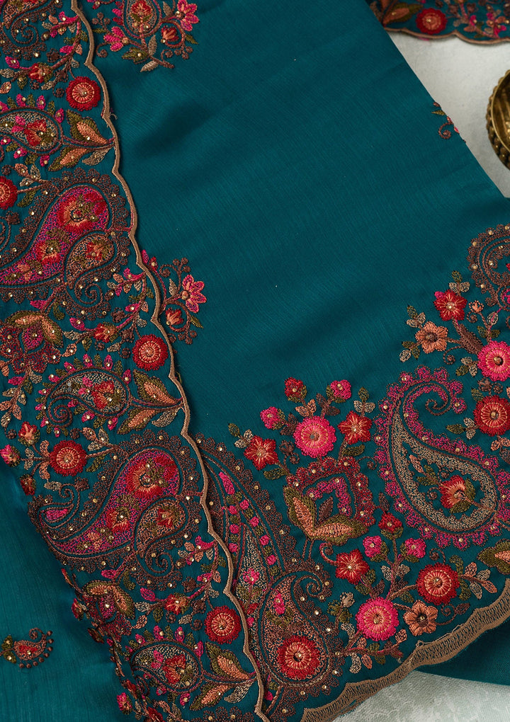 Peacock Blue Kashmiri Semi Crepe Unstitched Salwar Suit-koskii