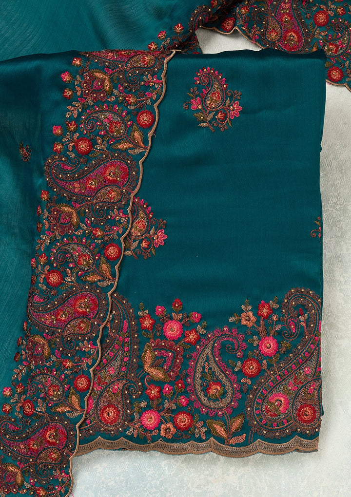Peacock Blue Kashmiri Semi Crepe Unstitched Salwar Suit-koskii
