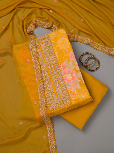 Mustard Yellow Zariwork Organza Unstitched Salwar Suit-koskii
