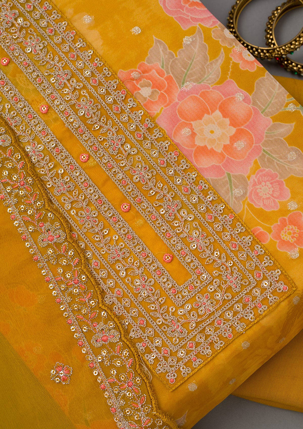 Mustard Yellow Zariwork Organza Unstitched Salwar Suit-koskii