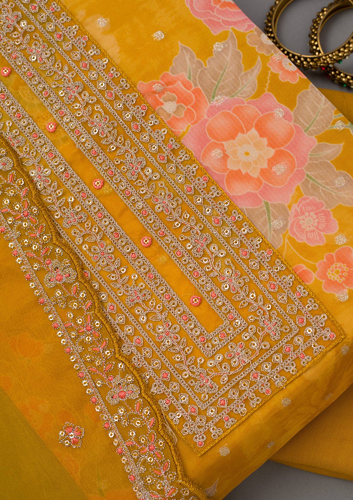 Mustard Yellow Zariwork Organza Unstitched Salwar Suit-koskii