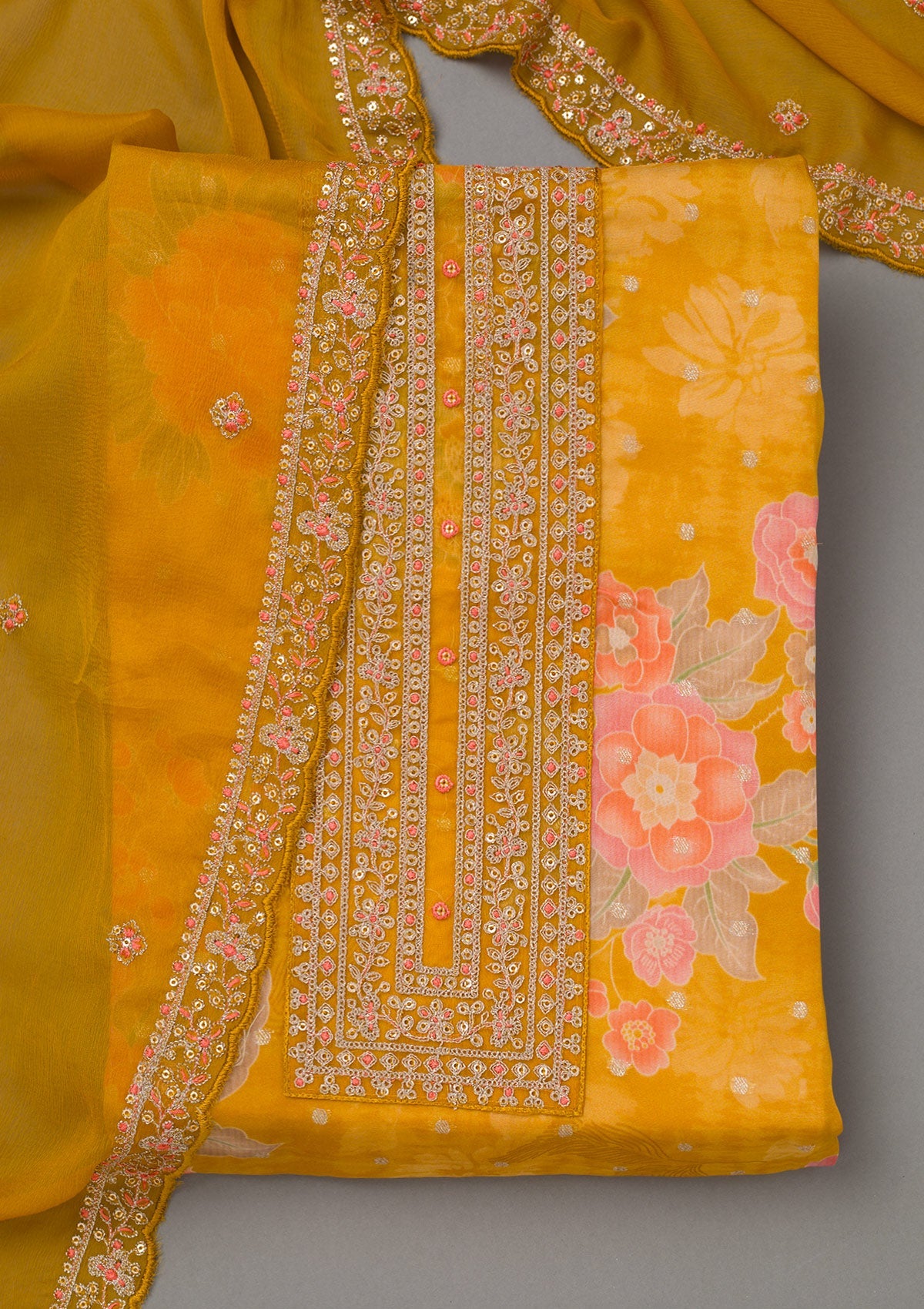 Mustard Yellow Zariwork Organza Unstitched Salwar Suit-koskii