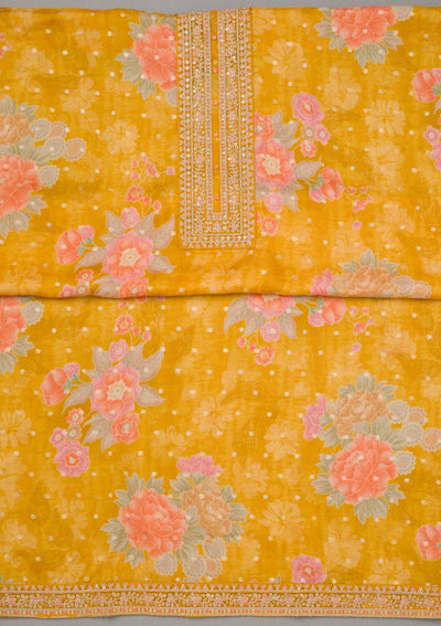 Mustard Yellow Zariwork Organza Unstitched Salwar Suit-koskii