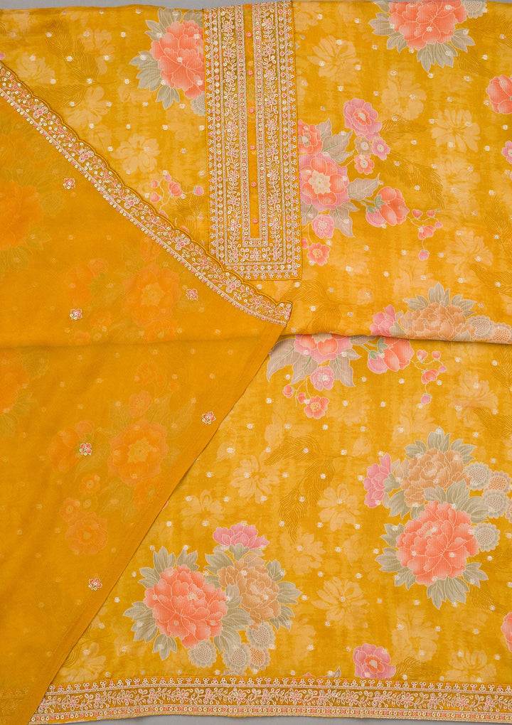 Mustard Yellow Zariwork Organza Unstitched Salwar Suit-koskii