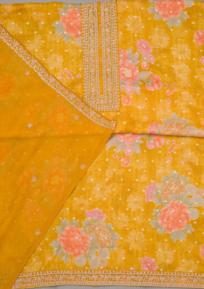 Mustard Yellow Zariwork Organza Unstitched Salwar Suit-koskii