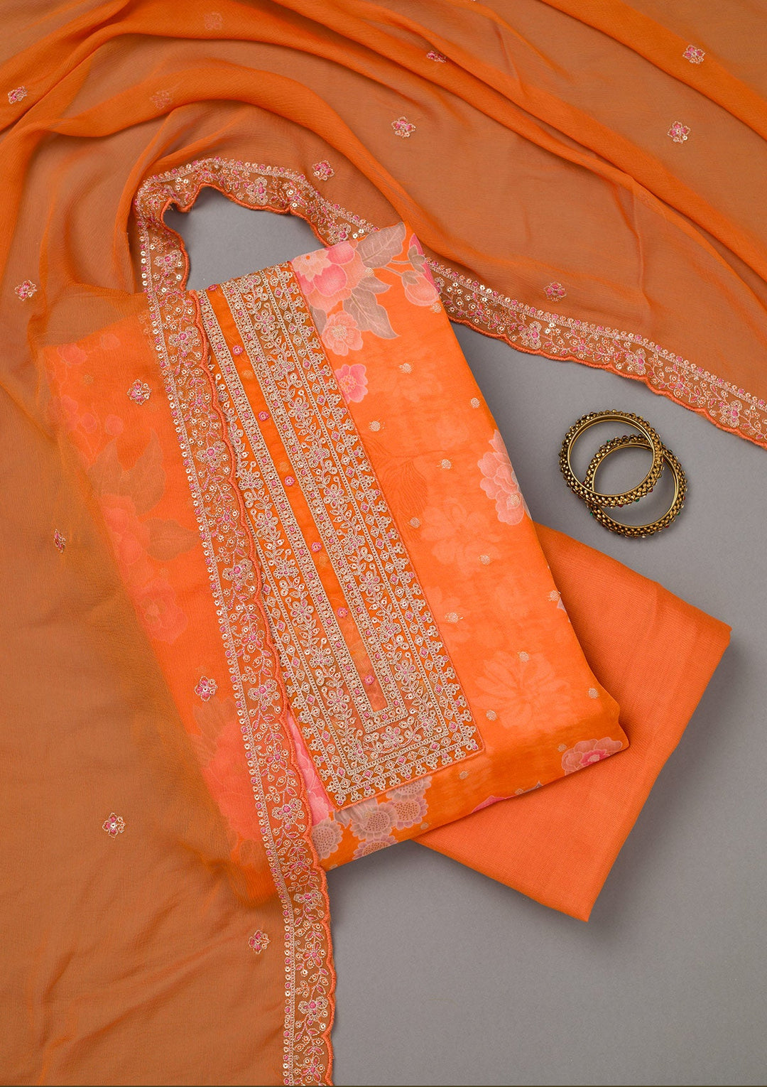 Orange Zariwork Organza Unstitched Salwar Suit-koskii