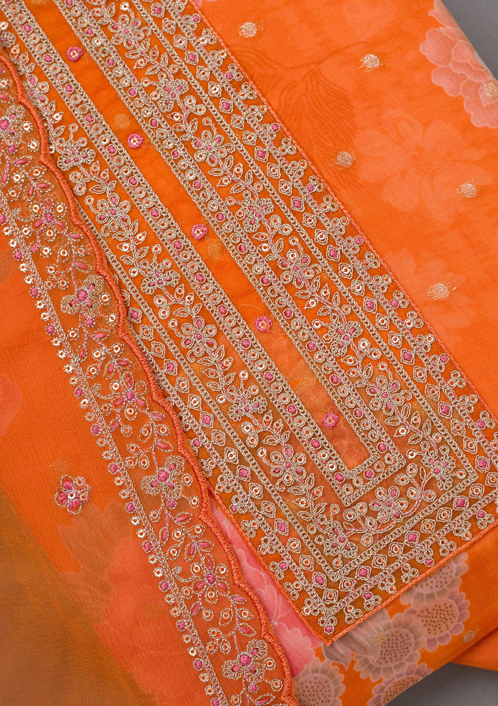 Orange Zariwork Organza Unstitched Salwar Suit-koskii