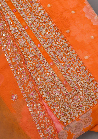 Orange Zariwork Organza Unstitched Salwar Suit-koskii