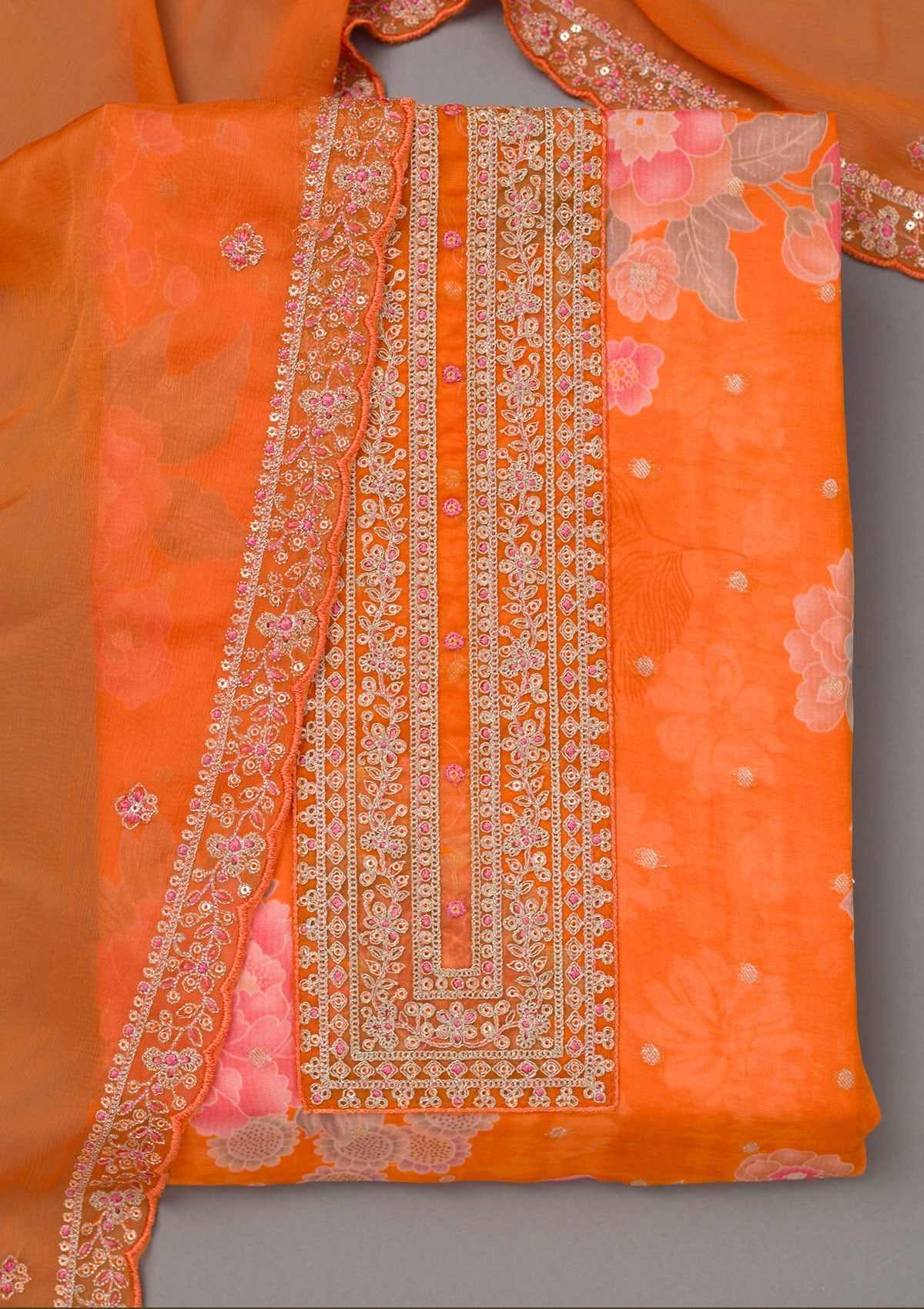 Orange Zariwork Organza Unstitched Salwar Suit-koskii