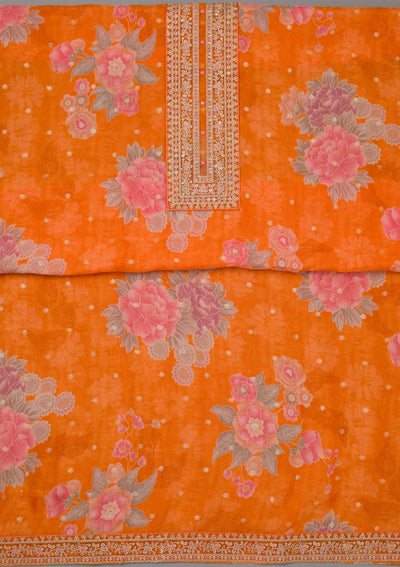 Orange Zariwork Organza Unstitched Salwar Suit-koskii