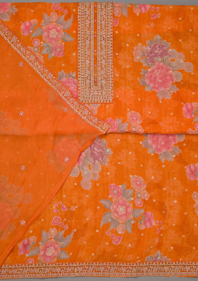 Orange Zariwork Organza Unstitched Salwar Suit-koskii