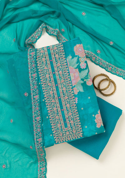 Rama Green Zariwork Organza Unstitched Salwar Suit-koskii
