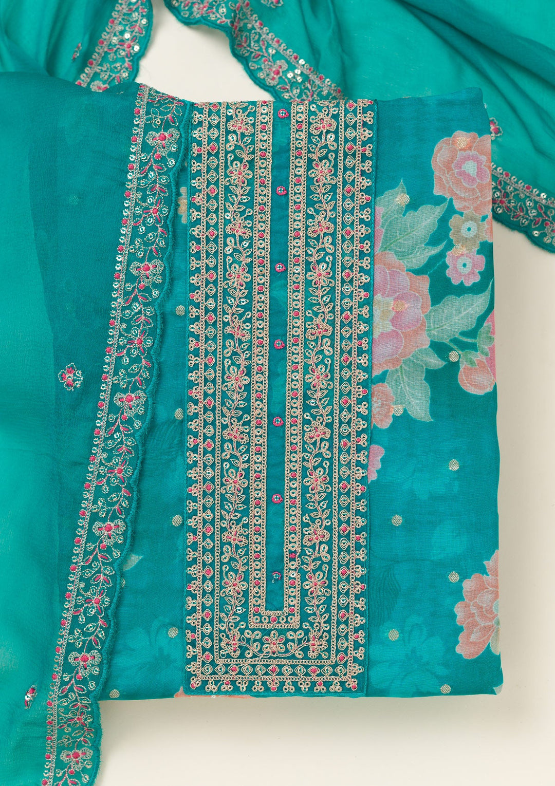 Rama Green Zariwork Organza Unstitched Salwar Suit-koskii