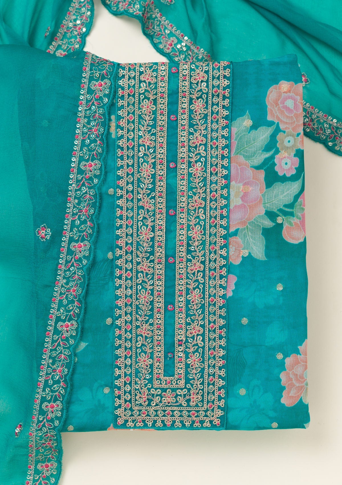 Rama Green Zariwork Organza Unstitched Salwar Suit-koskii