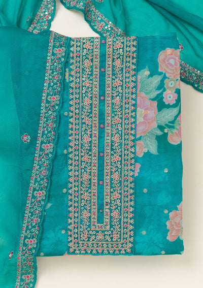 Rama Green Zariwork Organza Unstitched Salwar Suit-koskii