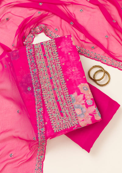 Rani Pink Zariwork Organza Unstitched Salwar Suit-koskii