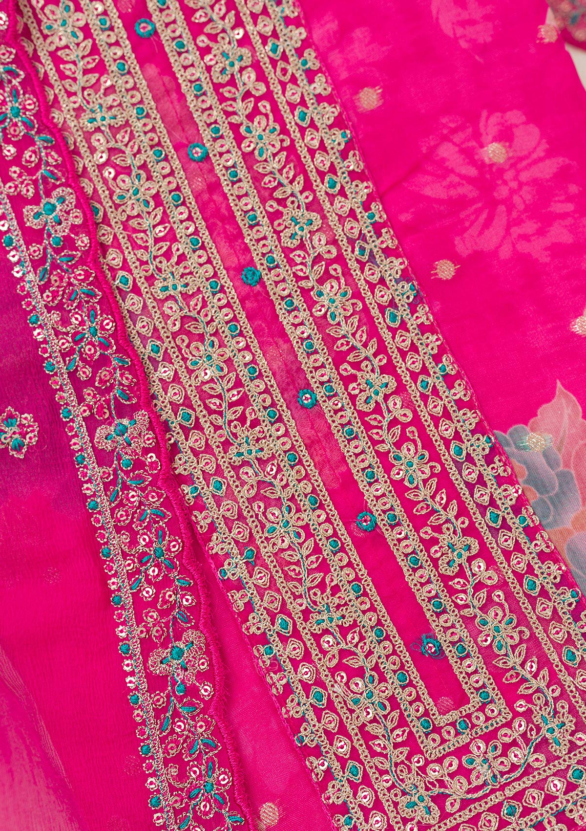 Rani Pink Zariwork Organza Unstitched Salwar Suit-koskii