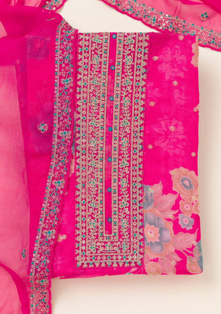 Rani Pink Zariwork Organza Unstitched Salwar Suit-koskii