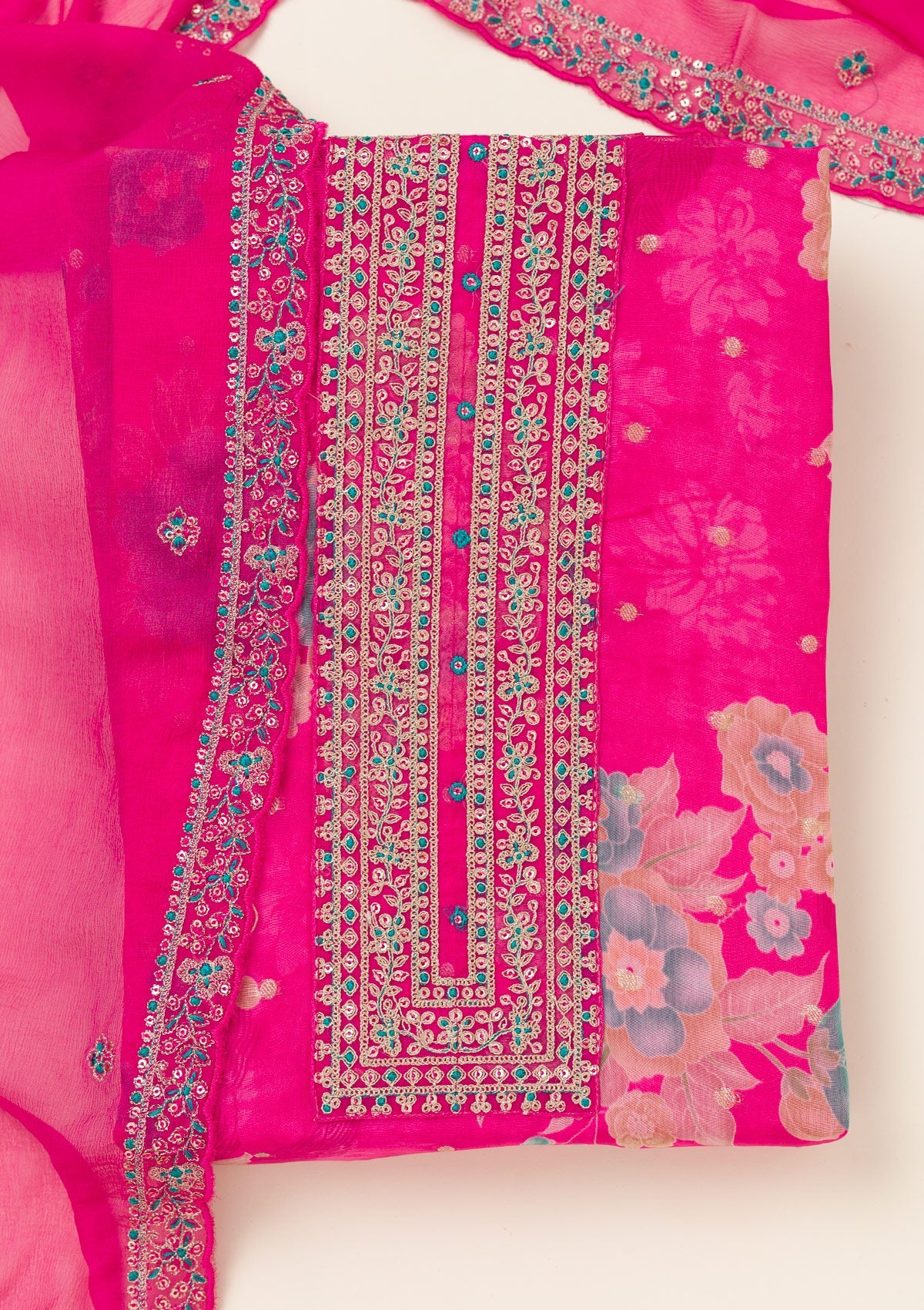 Rani Pink Zariwork Organza Unstitched Salwar Suit-koskii