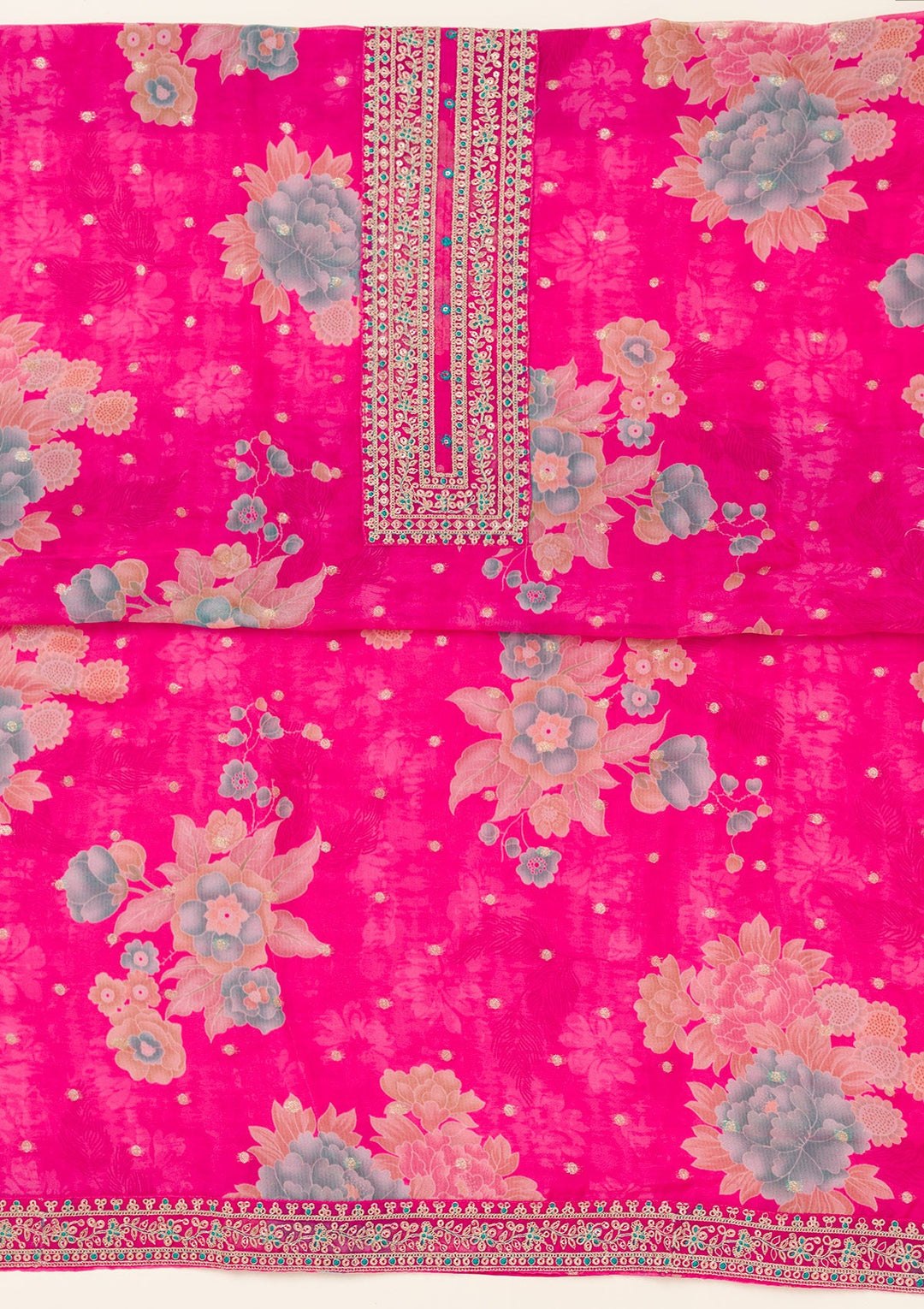 Rani Pink Zariwork Organza Unstitched Salwar Suit-koskii
