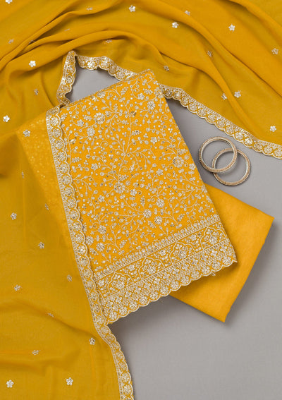 Mustard Threadwork Georgette Unstitched Salwar Suit-koskii
