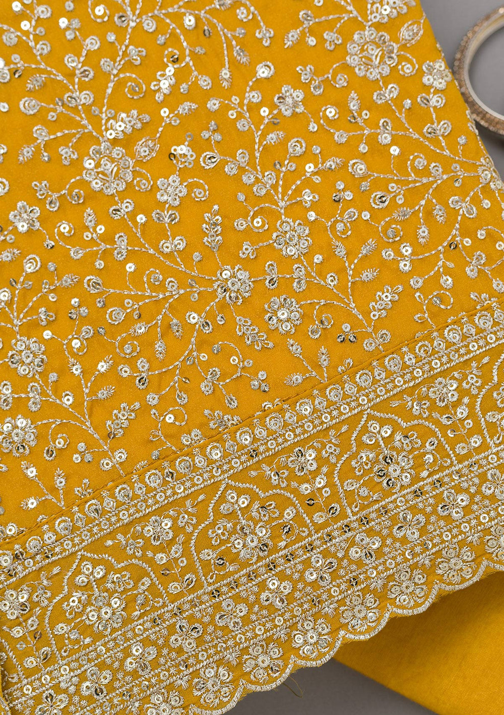 Mustard Threadwork Georgette Unstitched Salwar Suit-koskii