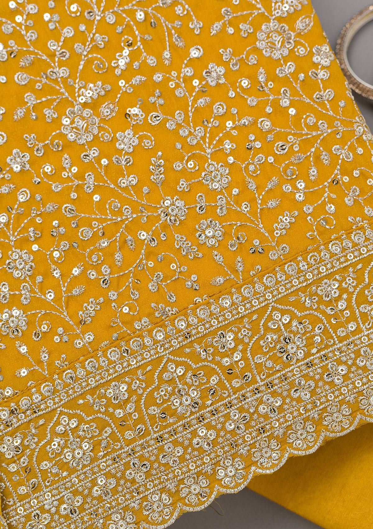 Mustard Threadwork Georgette Unstitched Salwar Suit-koskii