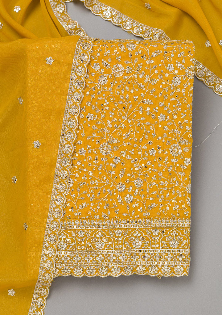 Mustard Threadwork Georgette Unstitched Salwar Suit-koskii
