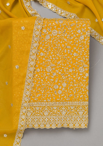 Mustard Threadwork Georgette Unstitched Salwar Suit-koskii