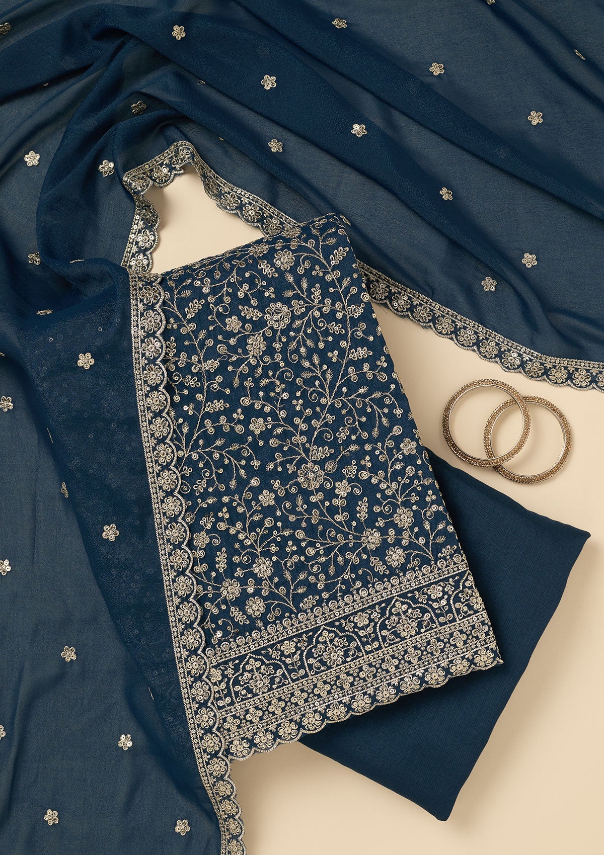 Peacock Blue Threadwork Georgette Unstitched Salwar Suit-koskii