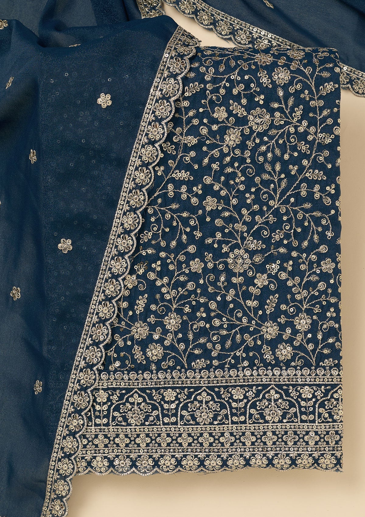 Peacock Blue Threadwork Georgette Unstitched Salwar Suit-koskii
